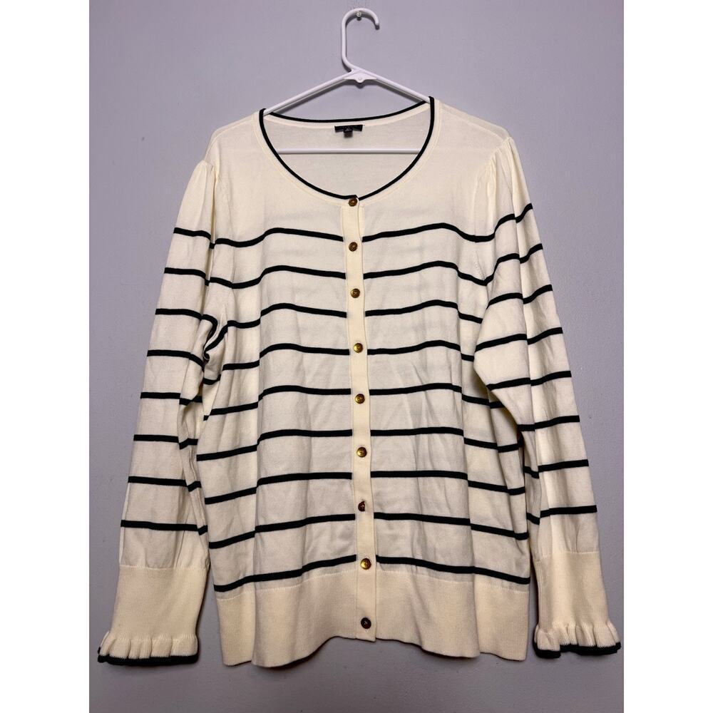 Talbots Womens Cardigan Plus Sz 2X White Black Colorblock Ruffle Sleeve